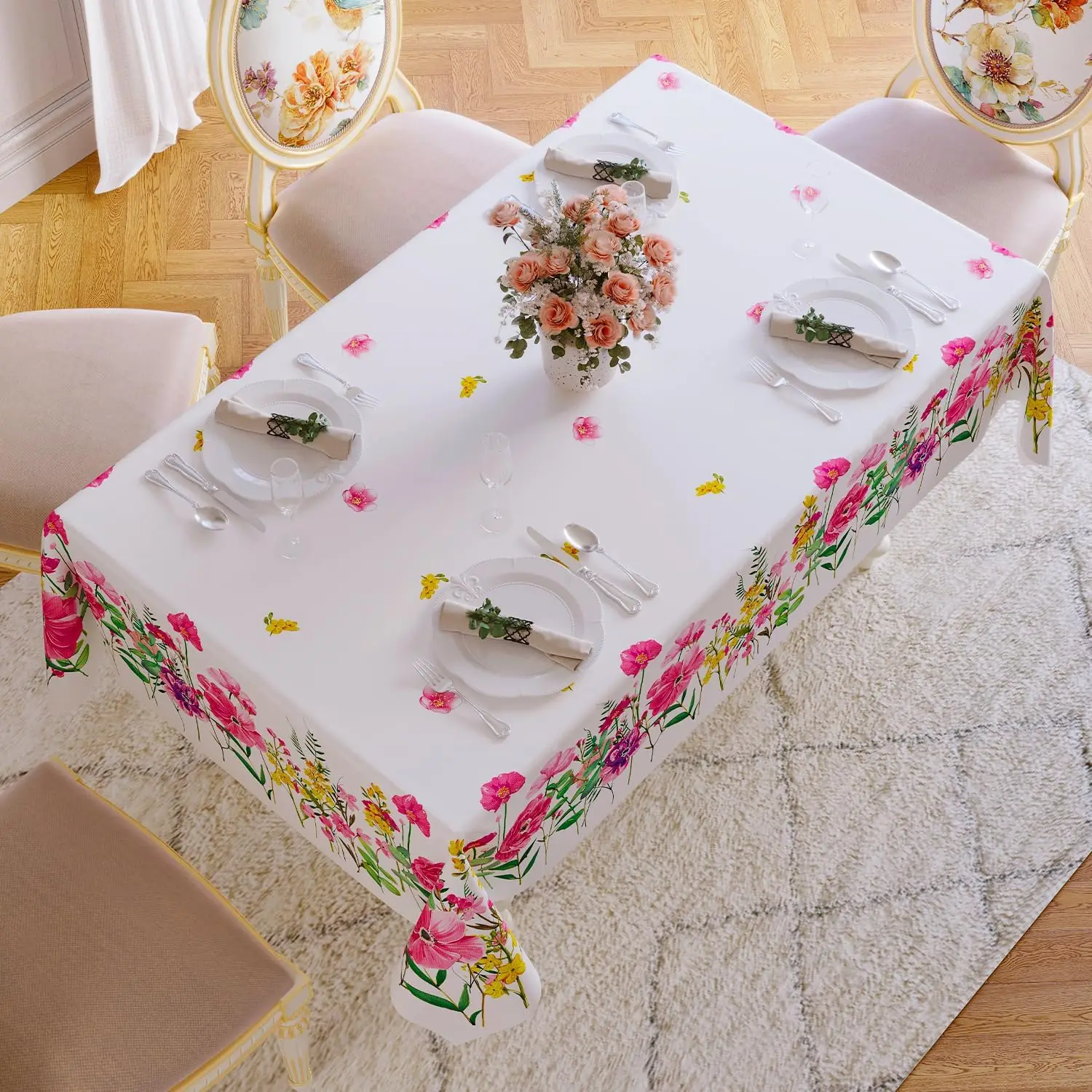 Spring Waterproof Floral Pattern Tablecloth  Kitchen Dining Table Decor Washable Table Cover Outdoor Picnic Party Wedding Decor 4