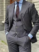 3 Pieces Grey Stripe Design Men Suits Peaked Lapel Formal Business Man Blazer  Groom Tuxedo Classic Fit Male Outfit 1
