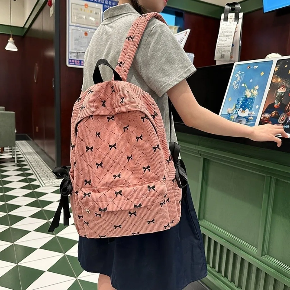 Fashion Korean Style Corduroy Backpack Large Capacity Bow Print Bow Backpack Adjustable Strap Student Schoolbag Middle School 4