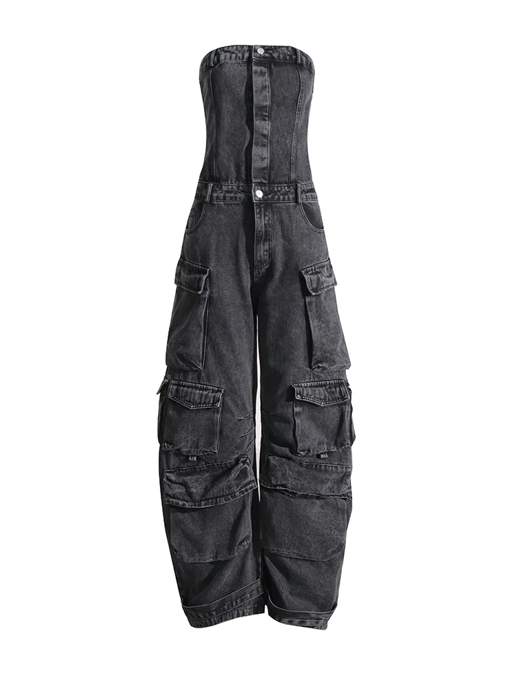 ROMISS Patchwork Pockets Streetwear Denim Jumpsuits For Women Strapless Sleeveless High Waist Casual Jumpsuit Female New