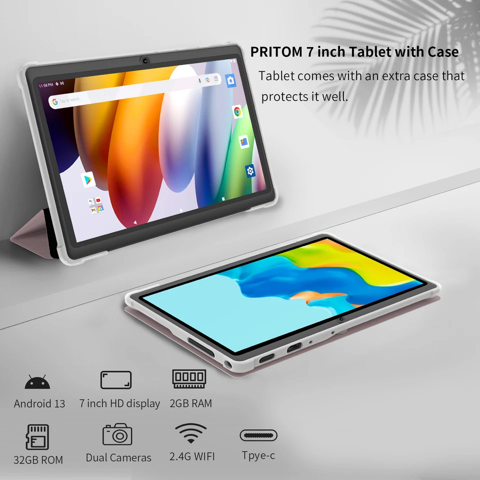 Tablette PC Pritom 7 pouces, Android 13, processeur quadricœur, 4 Go de RAM (2 Go virtuels + 2 Go virtuels), 32 Go de ROM, Wi-Fi, double caméra, USB-C, étui en cuir_voghion.com