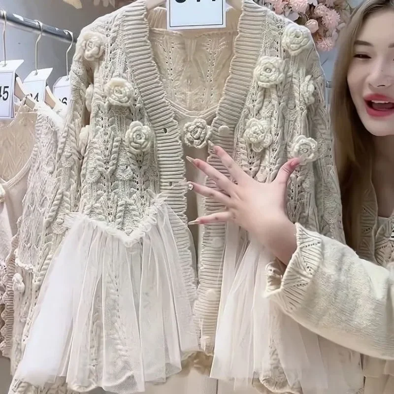 Kimotimo Women 3D Flowers Knitted Cardigan Patchwork Mesh Ruffles Sweater Coat Fashion Hooked Flower Hollow Long Sleeve Tops Ins 3