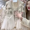 Kimotimo Women 3D Flowers Knitted Cardigan Patchwork Mesh Ruffles Sweater Coat Fashion Hooked Flower Hollow Long Sleeve Tops Ins 3