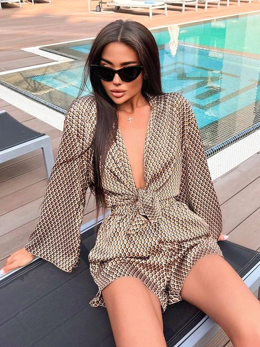 Marthaqiqi Fashion Ladies Nightgowns Suit Turn-Down Collar Robe Lace Up Pajama Long Sleeve Sleepwear Shorts Printing Nightie Set
