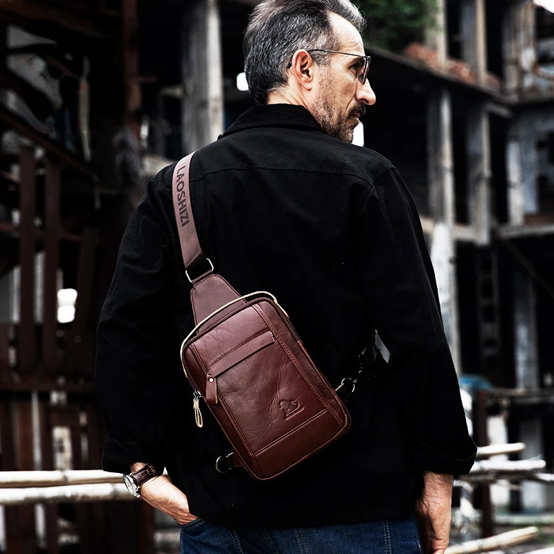 Cowhide Men's Chest Bag Retro Leather Casual Chest Bag Large Capacity Vertical Black Dark Brown Single Shoulder Crossbody Bag