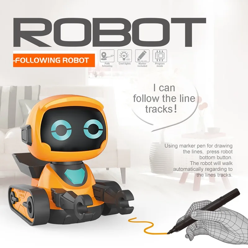 『Smart Line-Tracking Toy With Sound Effects』- Interactive Orange & White Educational Robot For Kids' STEM Summer Gifts_voghion.com