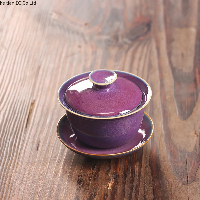 Jun Kiln gaiwan ceramic Jun purple Sancai tea cup Chinese kiln glaze high-grade kung fu tea set single porcelain bowl