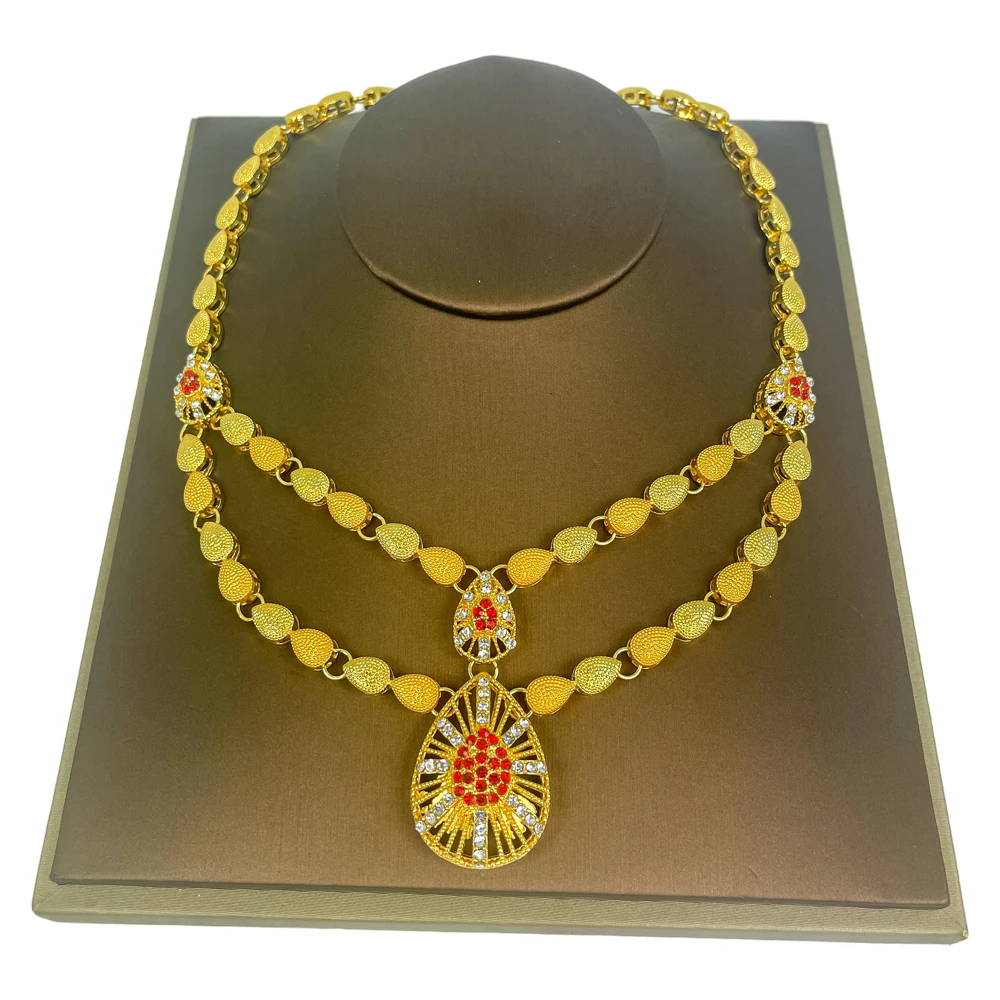 

Fashion Jewelry Sets Dubai Red Crystal Pendant Necklace Bracelet for Women Birthday Gift Bridal Wedding Earrings Ring