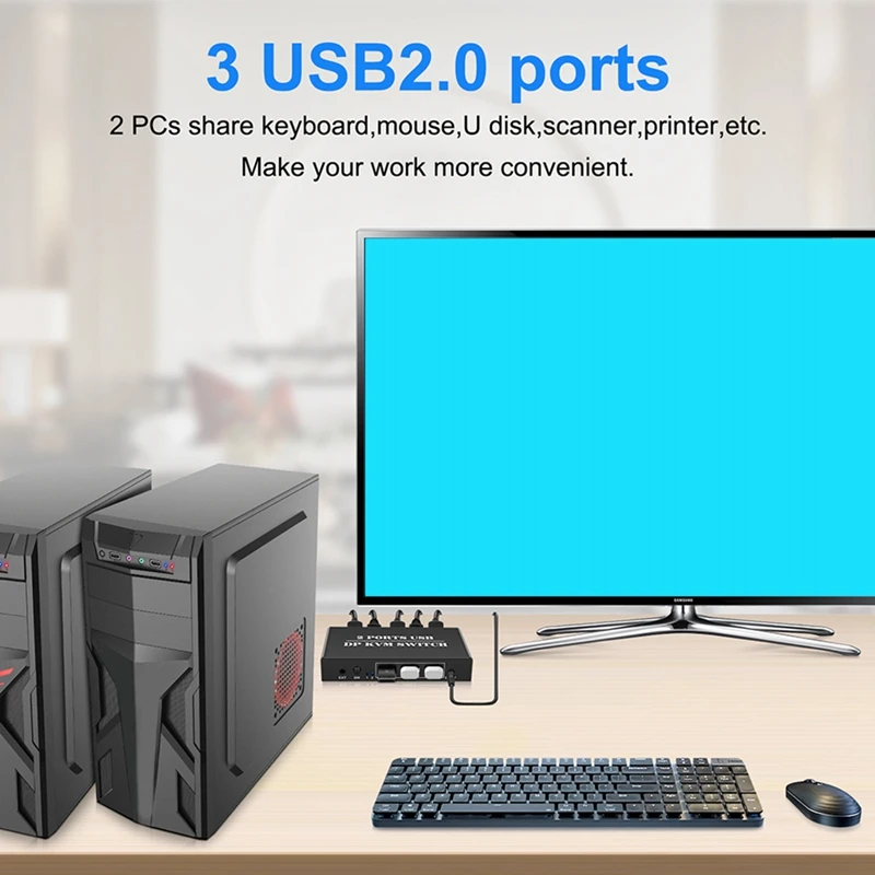 노트북 공유 키보드 마우스용 2 in 1 Out 스위치, 2 포트, 8K @ 30Hz Displayport1.2 스위치, 2 in 1 Out, 3 USB2.0 포트, 2 PC