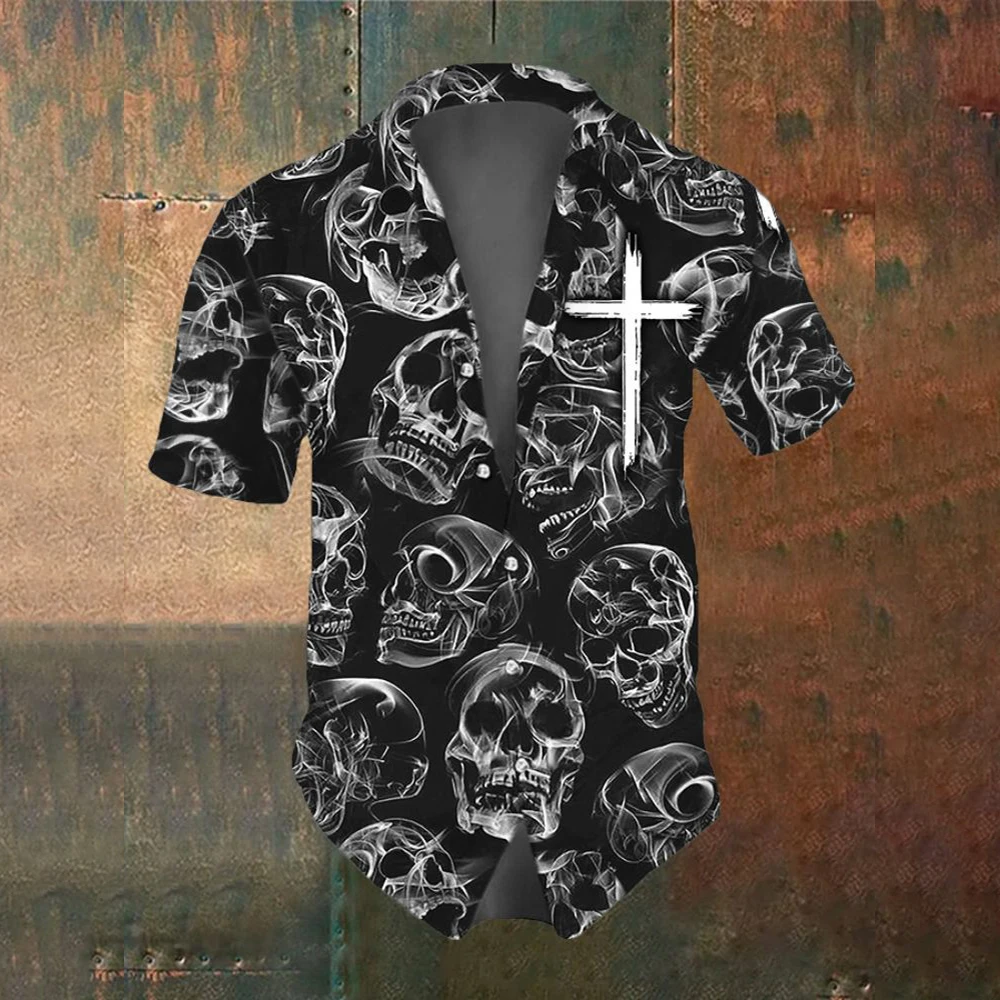 Summer Men's Fashion Horror Skull Cross Print Men's Short Sleeved Shirt Street Trend Party Men Oversized T-Shirt Top SIZE S-5XL 5