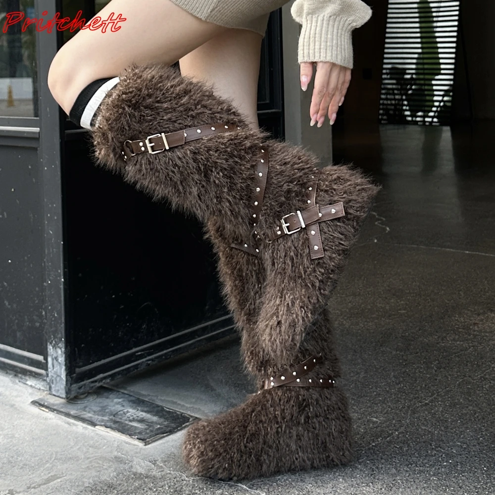 Fur Cross Tied Knee High Boots Women Round Toe Metal Decoration Slip On Flats Boots Winter Hot Sale Spice Girl Fashion Boots