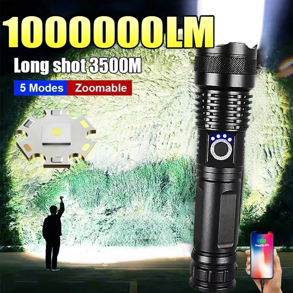 Led Flashlight Type-c Usb Rechargeable Long Range Tactical Torch Strong Light Lamp Outdoor