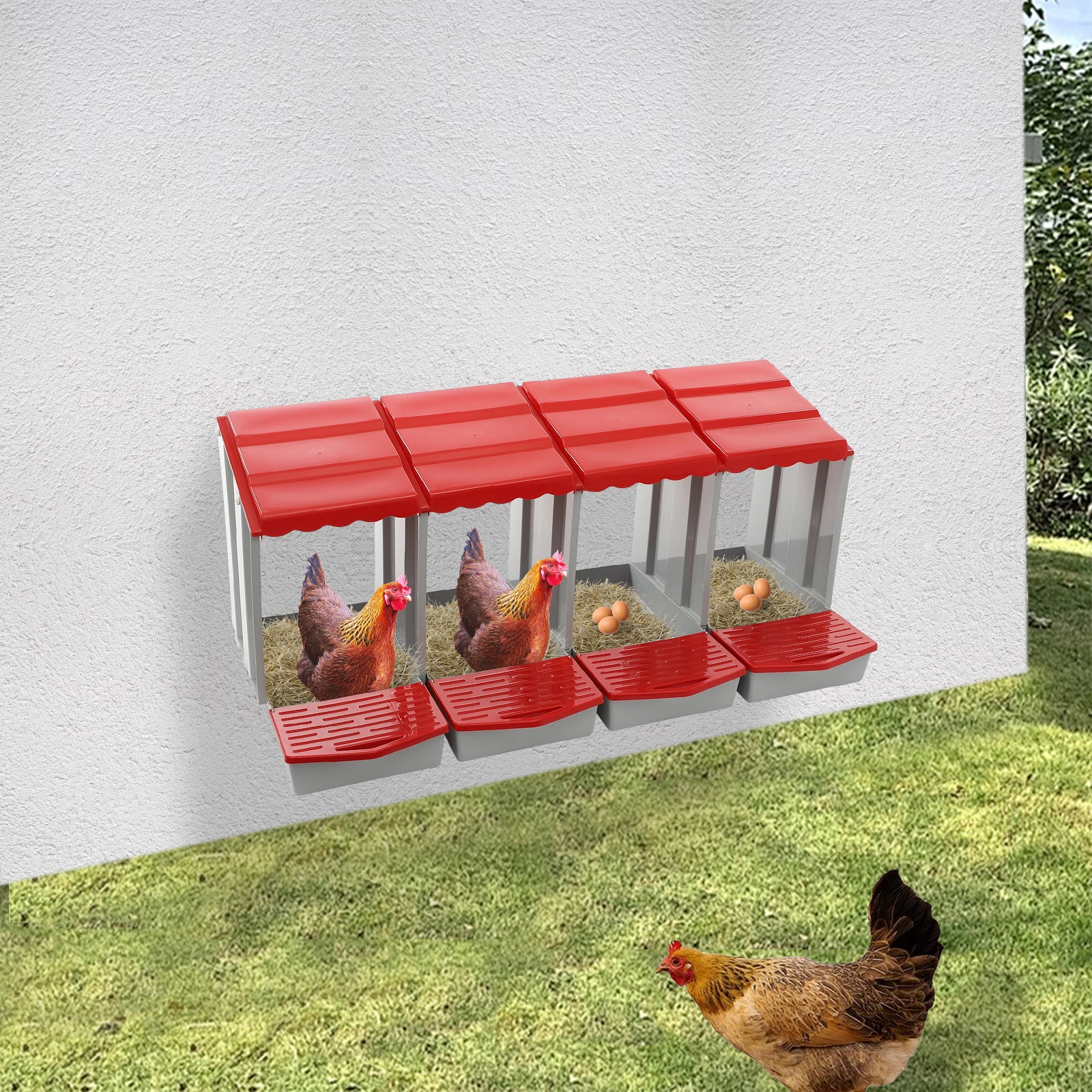 Rote 4-Gitter-Hühner-Ei-Legen-Hühner-Nestbox mit 4 Fächern, Hähnchen-Nistbox, Hühner-Legbox mit Eier-Sammlung für Hühner – Detail 30