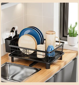 1pc Dish drying rack Kitchen countetop storage holder with drained board Dish&Bowl&tableware organizer Black White