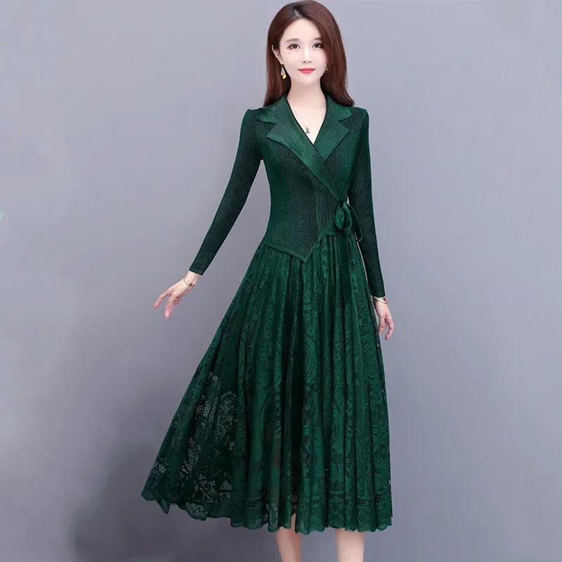 

Miyake Pleated Dress Women's Fashion Loose Large Size Suit Collar Double-breasted Pleated Skirt Women's 2023 Autumn New Style