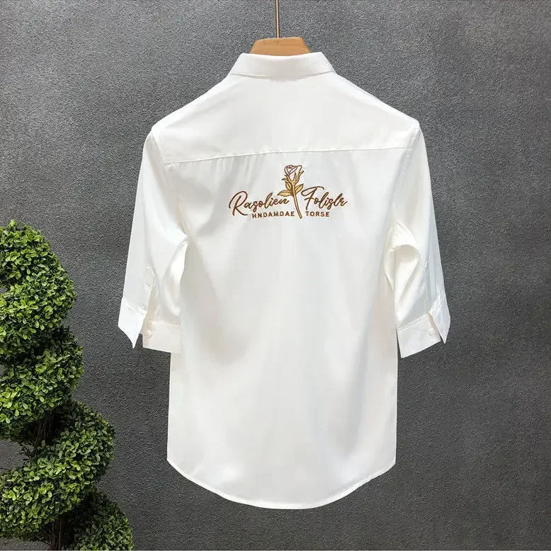 thumbnail image 1 of Camisas masculinas con bordado gráfico floral para hombre, camisas de vestir para oficina, blusas formales, oferta, estilo coreano de verano, corte ajustado, 1 of 5