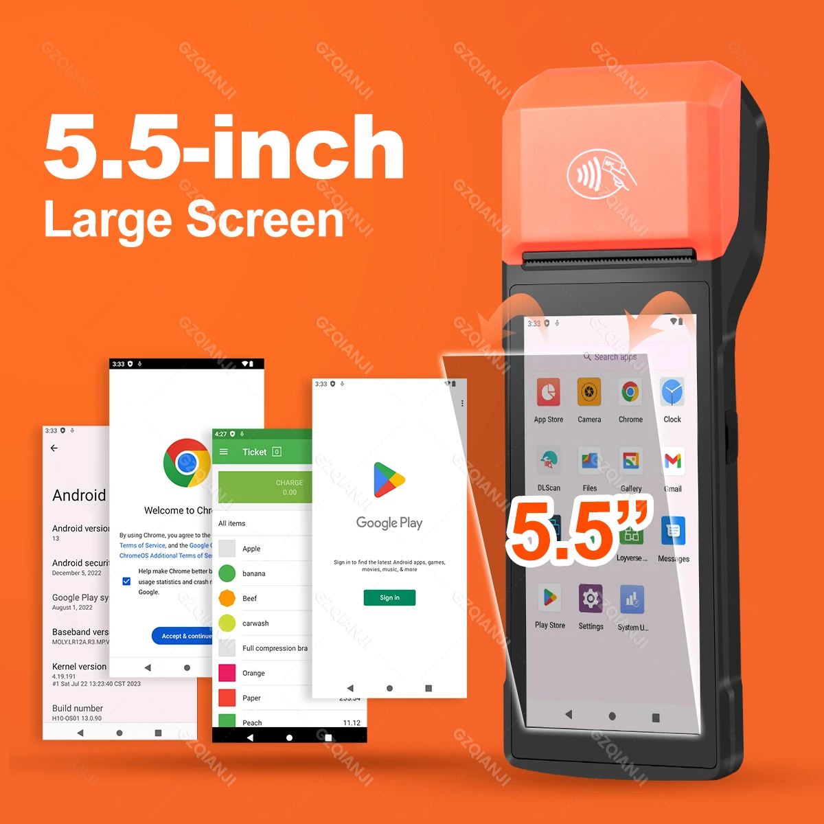 무선 휴대용 안드로이드 PDA 미니 POS 터미널 터치 스크린, 블루투스 인 58mm 프린터, 2D 바코드 스캐너, 10 롤 NFC, 4G