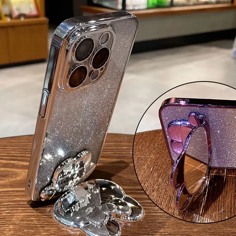 Luxury Fashion Glitter Plating Mirror Rabbit Holder Shockproof TPU Case