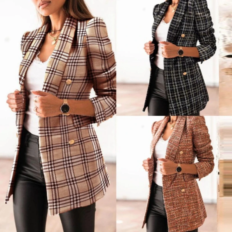 

Women's Autumn Plaid Coat Fashion Korean Casual Long Female Business Suit Outwear Slim Coats Office Ladies Blazer Work Jacket