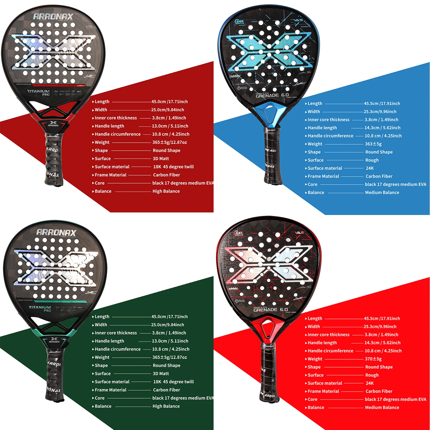 Arronax Padel Tennis Racket 18K 12k Carbon Fiber Surface Treatment EVA Memory Soft Foam Core Padel Racket