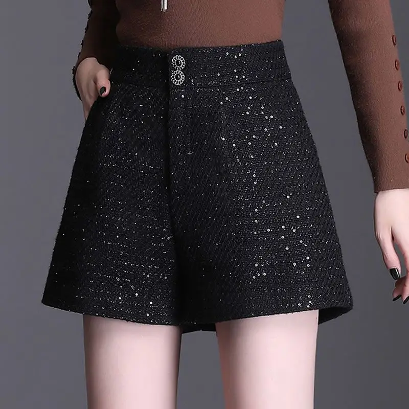 Women's High Waist Solid Button Pockets Casual Sequined Wide Leg Pants Spring and Autumn Office Lady Fashion Loose Wooien Shorts
