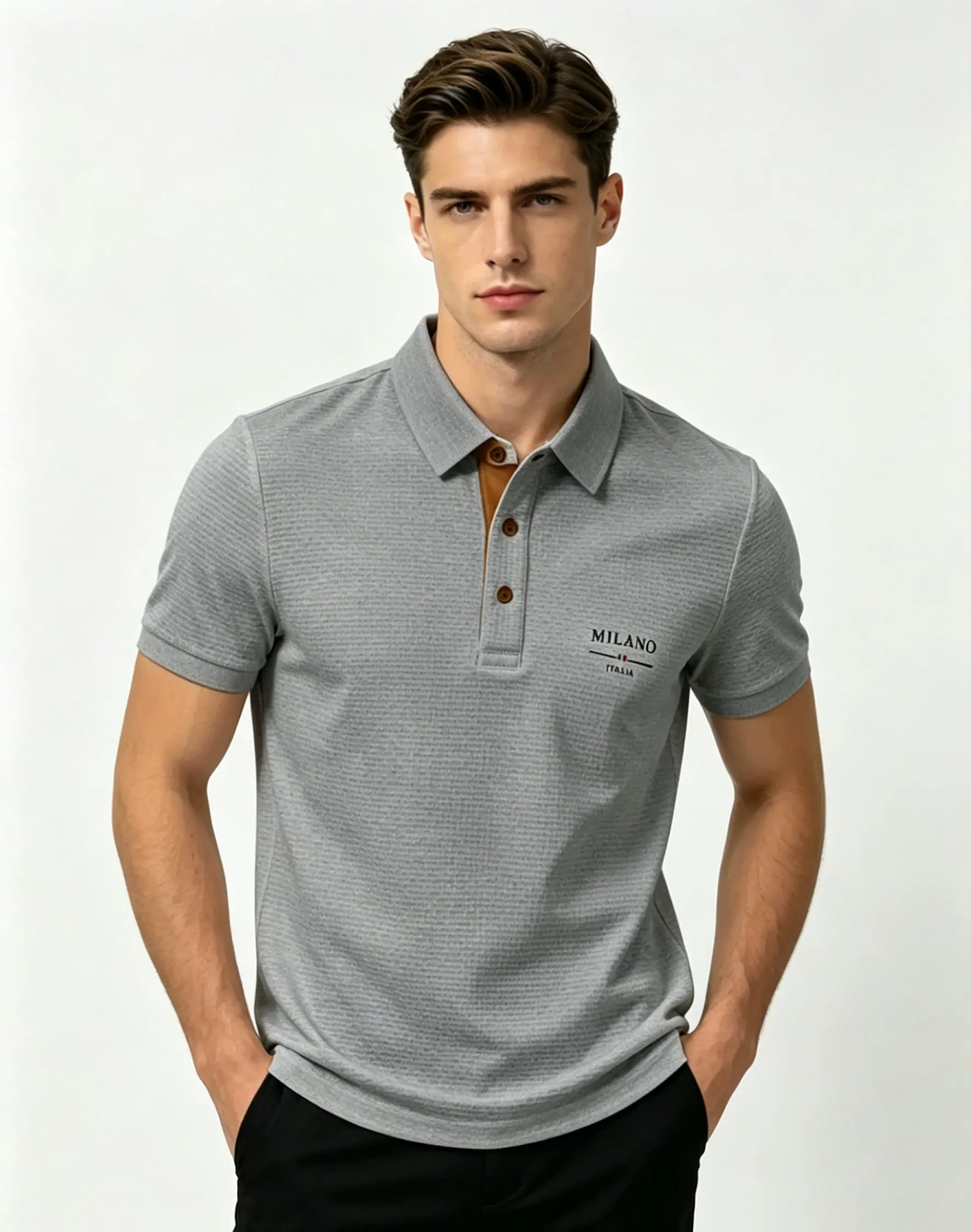Polo da Uomo Milano Italia con Lettere Jacquard, Tessuto Traspirante ad Asciugatura Rapida, Casual Business per Esterni e Uso Quotidiano, Manica Corta - immagine 3
