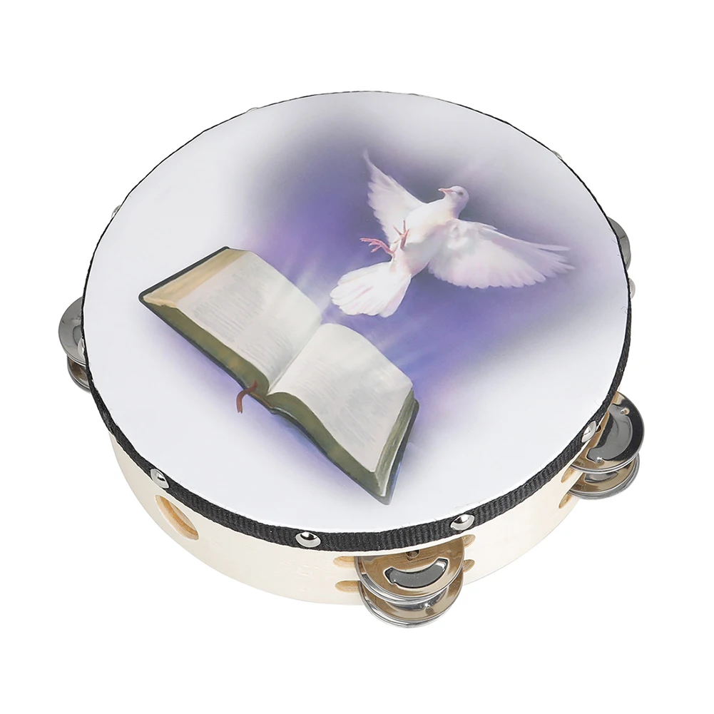 Dove and Bible Church Tambourine with Double Row Jingles 8 Inch Hand Held Drum Bell Double Row Tambourine for Kids Adults