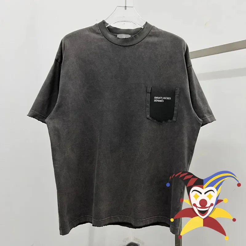 

Damaged Pocket Embroidery ERD T Shirt Men Women Holes Washed Short Sleeve Tee Top Oversize T-Shirt