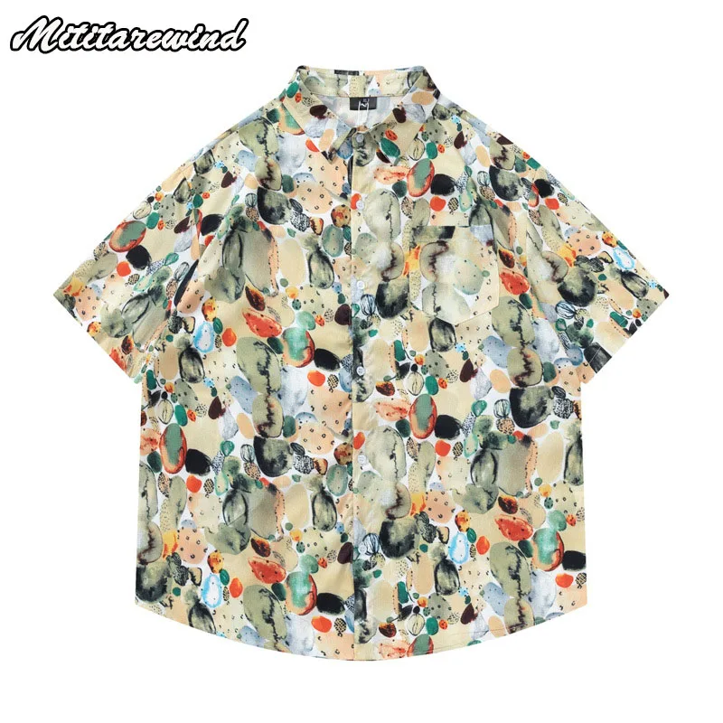 

High Street American Style Flower Full Print Shirts For Men Short Sleeve Tops Couple Loose Unisex Beach Vibe Turn-Down Collar