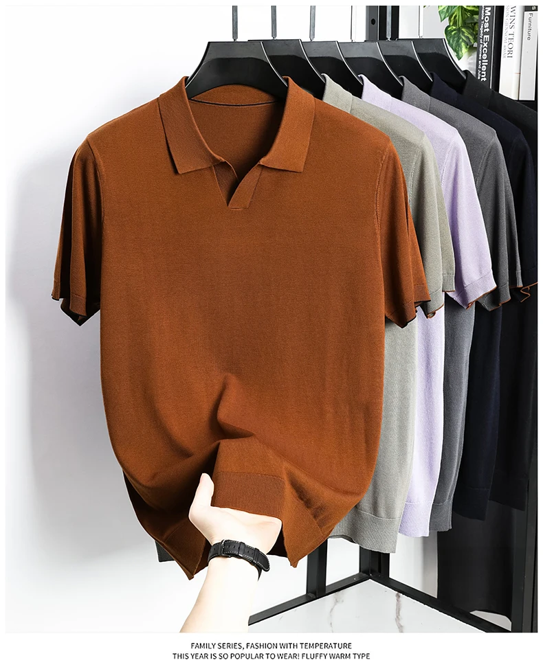 100% Lyocell Knitwear 2025 Men Spring Summer Trendy Turn Down Collar Knit Tees Short Sleeve Breathable Knit Tops