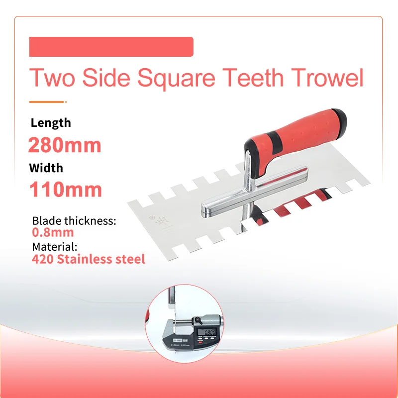 Plastic Handle Bricklaying Square Notched （15x17mm）Trowel Building Professional wall tool 28x11cm Stainless Steel Blade