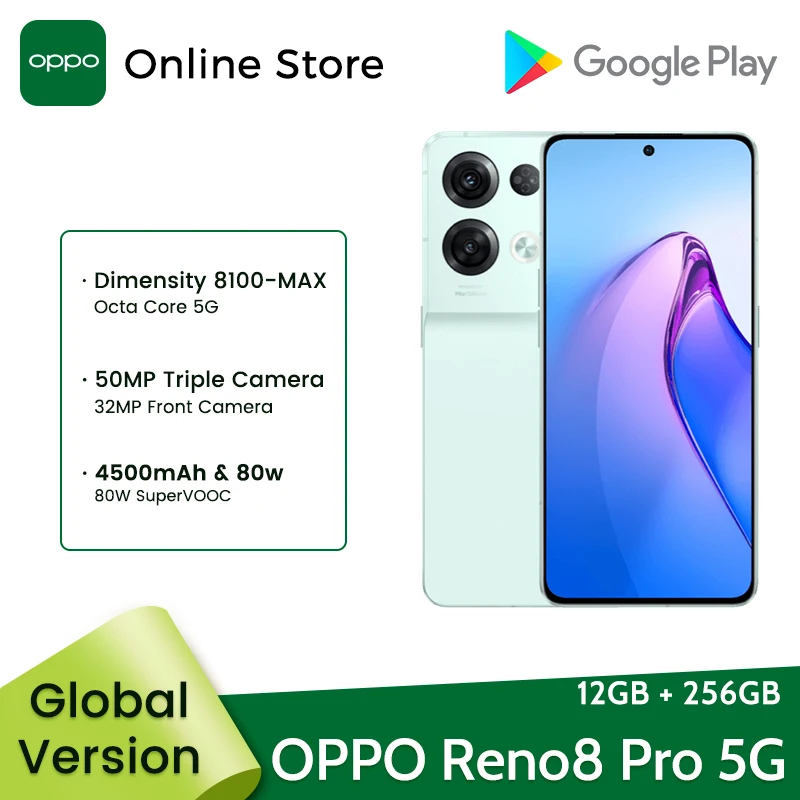 

OPPO Reno 8 Pro Global Version 5G Smartphone 12GB 256GB MTK Dimensity 8100-Max 120Hz AMOLED Display 50MP Camera 80W SUPERVOOC