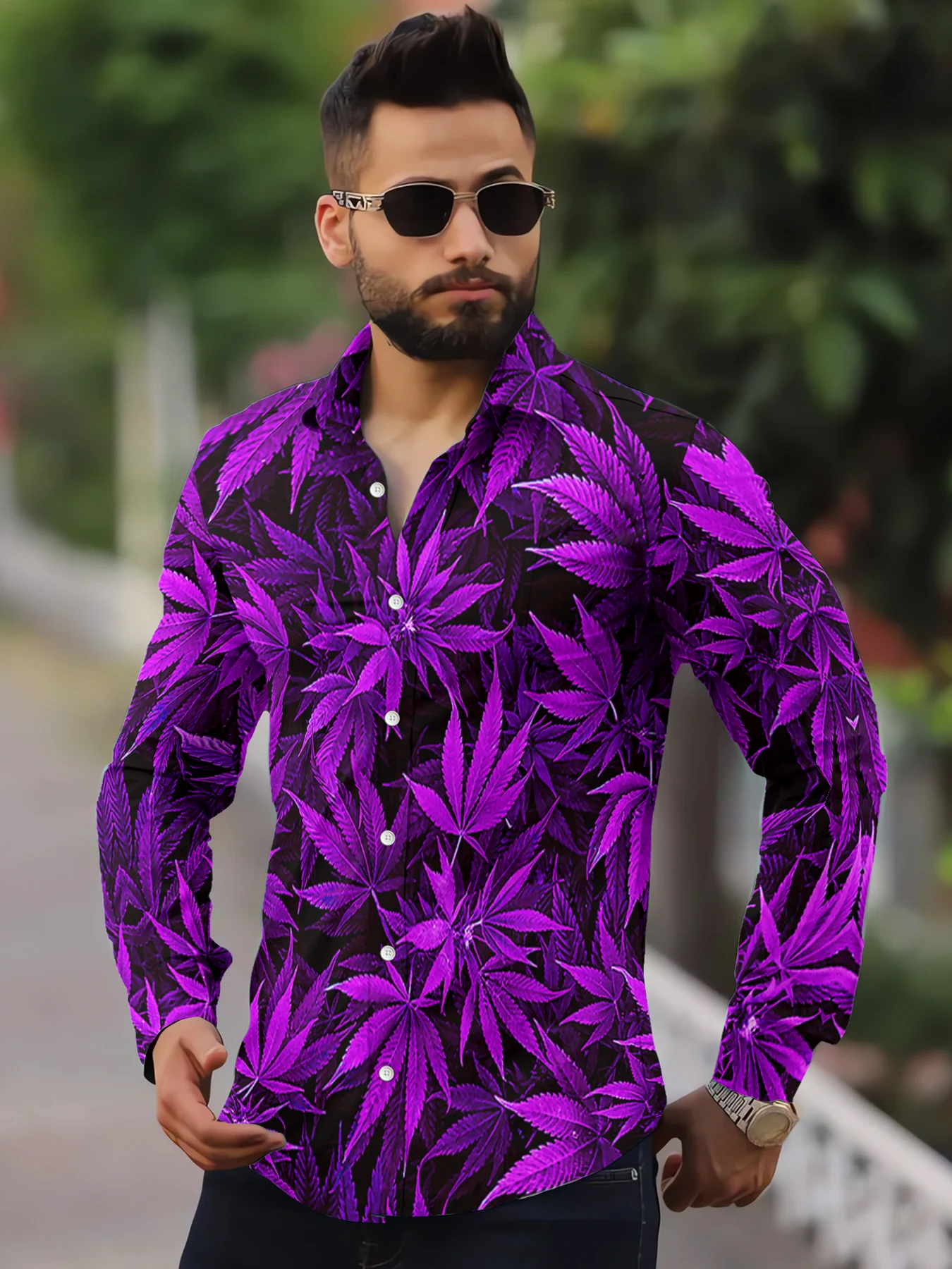 CLOOCLMensHawaiianShirtPurpleWeedFlowersPatternPrintingButtonShirtLongSleeveCasual