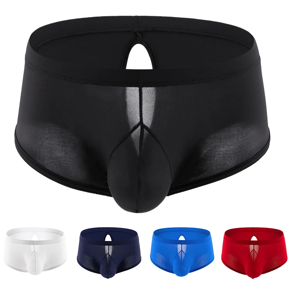 

Men Buttocks Hollow Breathable Ice Silk Boxer Briefs Bulge Pouch Open File T-Panties Smooth Open Butt Shorts Trunks Underwear