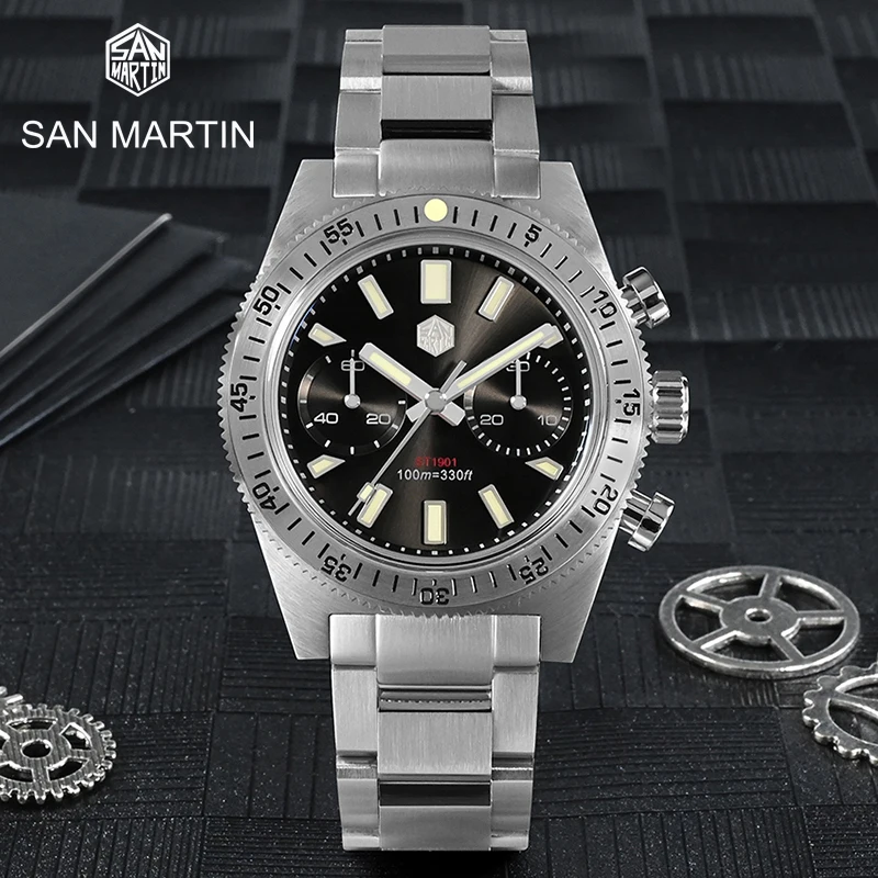 

San Martin Top Brand Men Fashion Watch 62mas Sports Chronograph Seagull ST1901 Sapphire Manual Mechanical Clock 10Bar Luminous