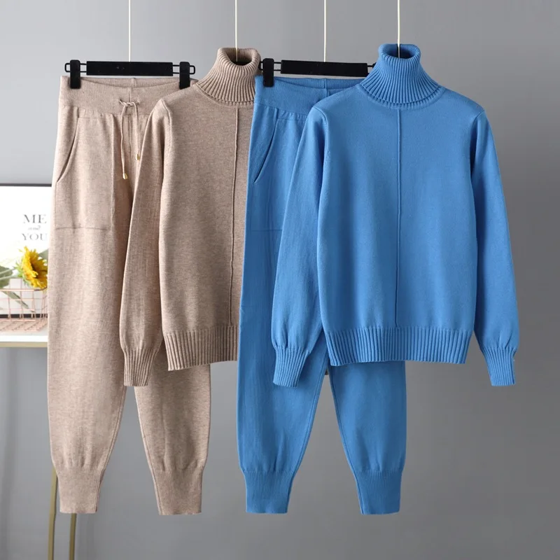 Casual Knitted Suit Women Outfit Autumn Winter Turtleneck Solid Sweater Knit Trousers Green Two Piece Set Female Clothing