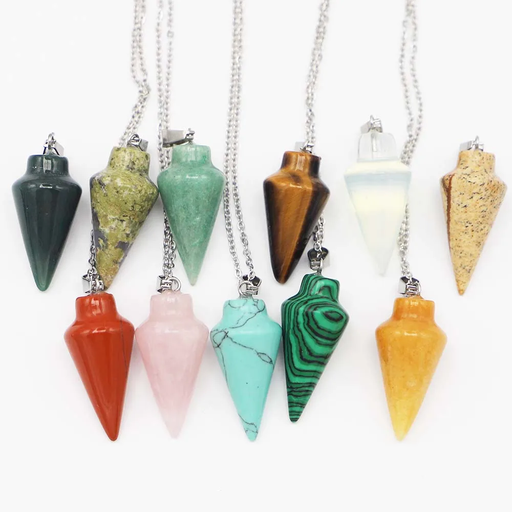 Natural Stone Multicolor Tapered Cone Pendant Stainless Steel Chain Necklace Healing Minerals Charm DIY Jewelry Accessories 8Pcs