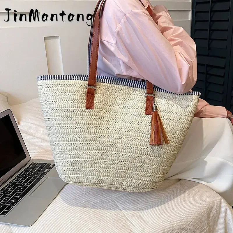 

2023 Summer Big Straw Bags for Women Travel Beach Woven Handbags Female Casual Style Shoulder Side