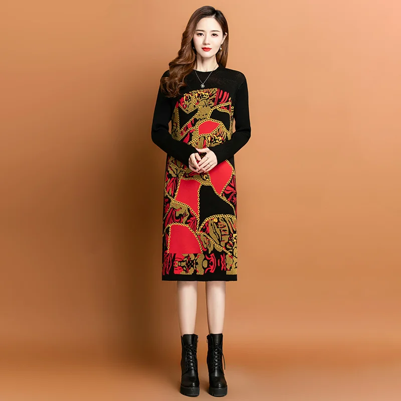 

High-End Women's Elegant Loose Slim Knit Wool New Winter 2023 Printed Knee-Length Large Size Casual Party Dress