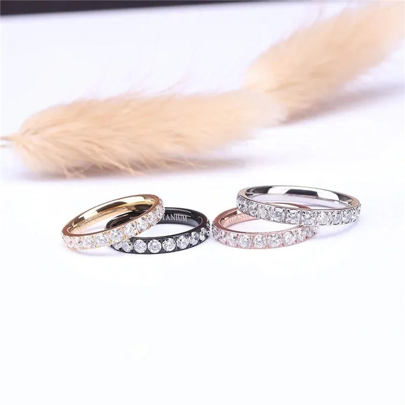 TIGRADE 3mm Black Rose Gold Titanium Ring Women Cubic Zirconia Engagement Rings Eternity Wedding Band Trendy Silver Color 3