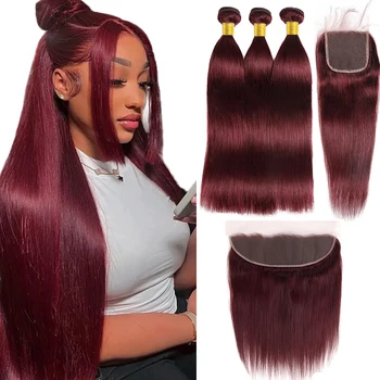 99J Burgundy Straight Human Hair Bundles and Closure Brazilian Remy Bundles With 4x4 Lace Closure 100% Human Hair Extensions 1