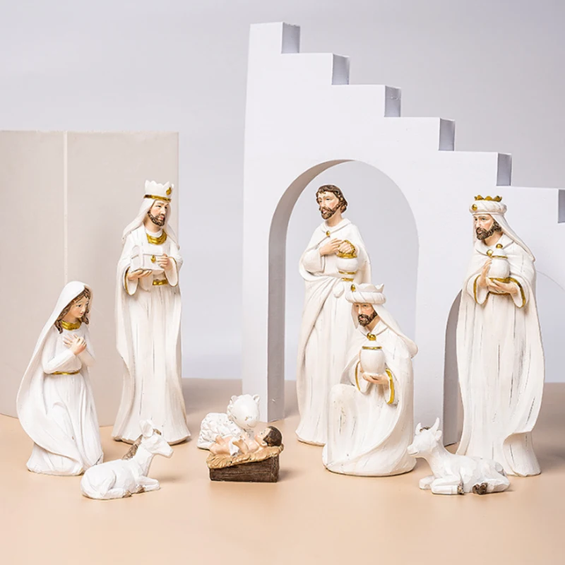 

Craft Decoration Baby Jesus Manger Resin Ornament Hand Painted Decor Nativity Figures Statue Set