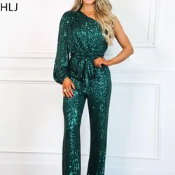HLJ Elegant Lady One Shoulder Sleeve Sequin Party Club Jumpsuits Women Lace Up Slim Playsuits Fashion Female Sparkling Overalls