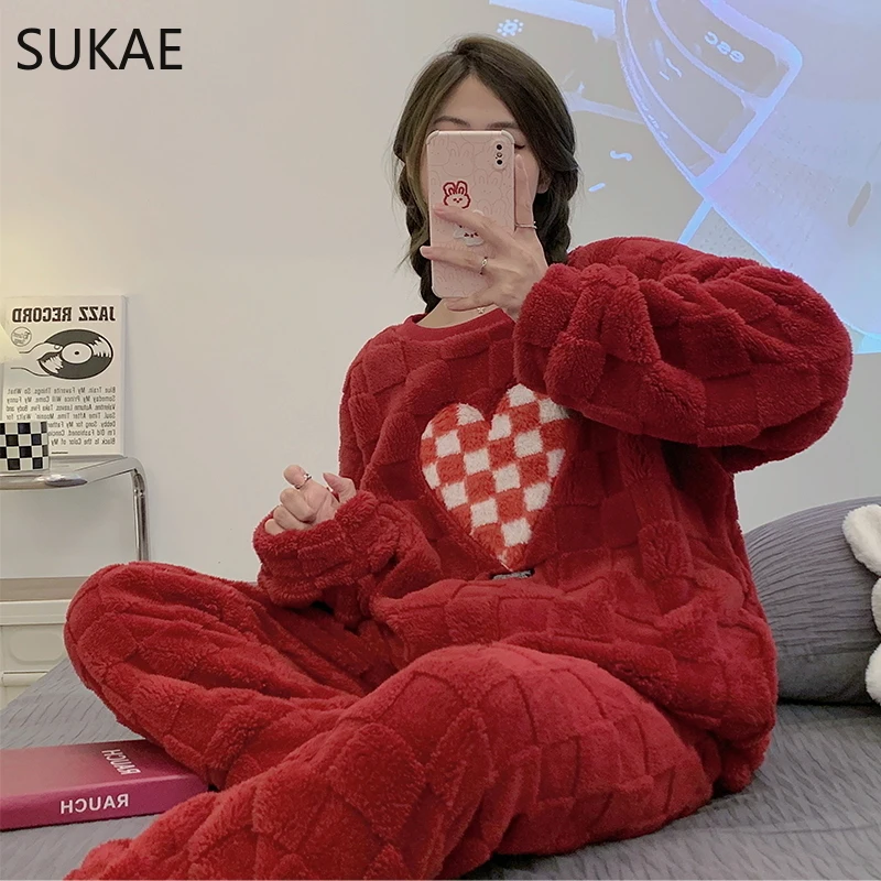 thumbnail image 1 of SUKAE-Conjunto de Pijama de terciopelo chino para mujer, ropa de dormir supergruesa, elegante, coreana, de peluche, térmica, 1 of 5