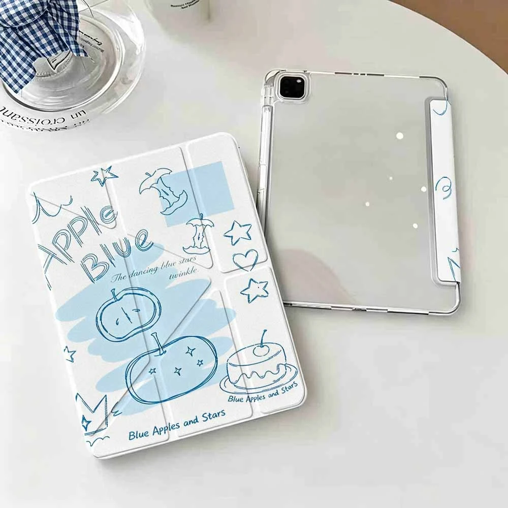 Blue Apples and Stars Design Protective Tablet Case with Pen Slot