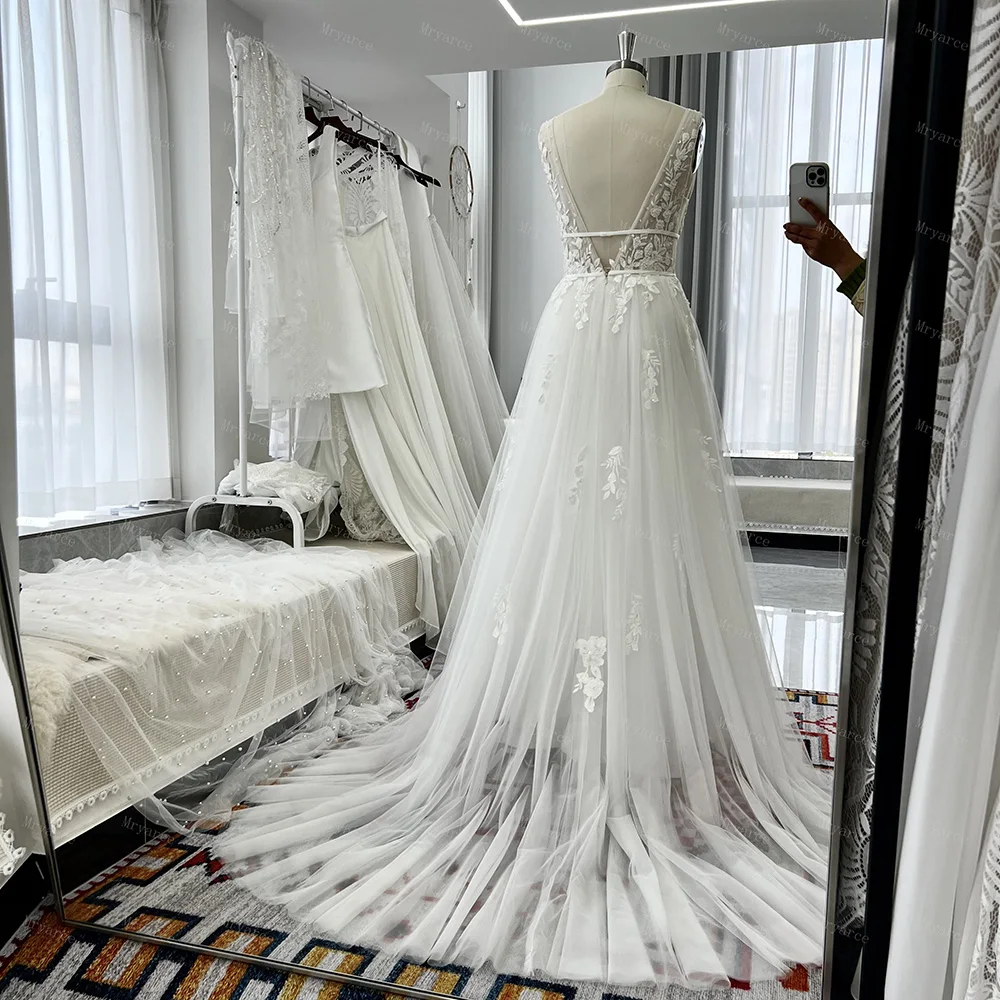 Mryarce Sexy Plunging Neck Sleeveless Embroidery Lace Beaded Wedding Dresses Tulle A Line Bridal Gowns 2