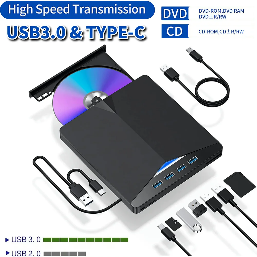 7 In 1 USB3.0 Type-C External Mobile Drive CD DVD Burner High-Speed Plug-and-Play for Windows 11/10/8/7/Linux/Mac OS
