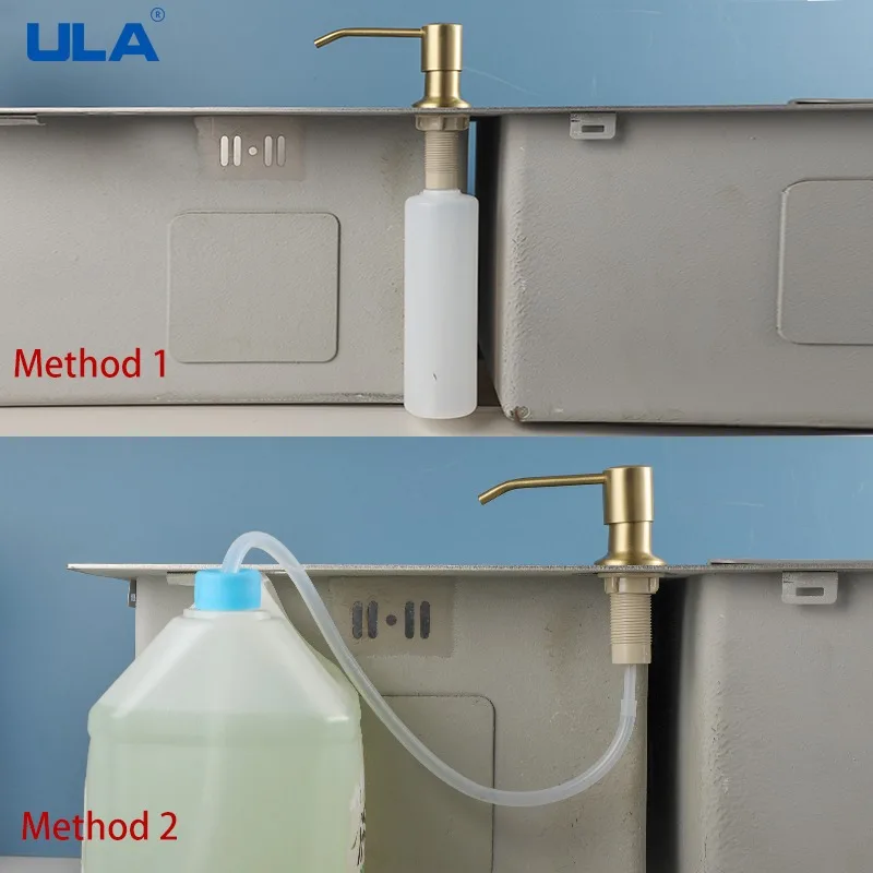 ULA Gold Kitchen Sink Liquid Soap Dispenser Liquid Soap Bottle Sink Mount Stainless Steel Head Hand Press Dispenser Bottle 5