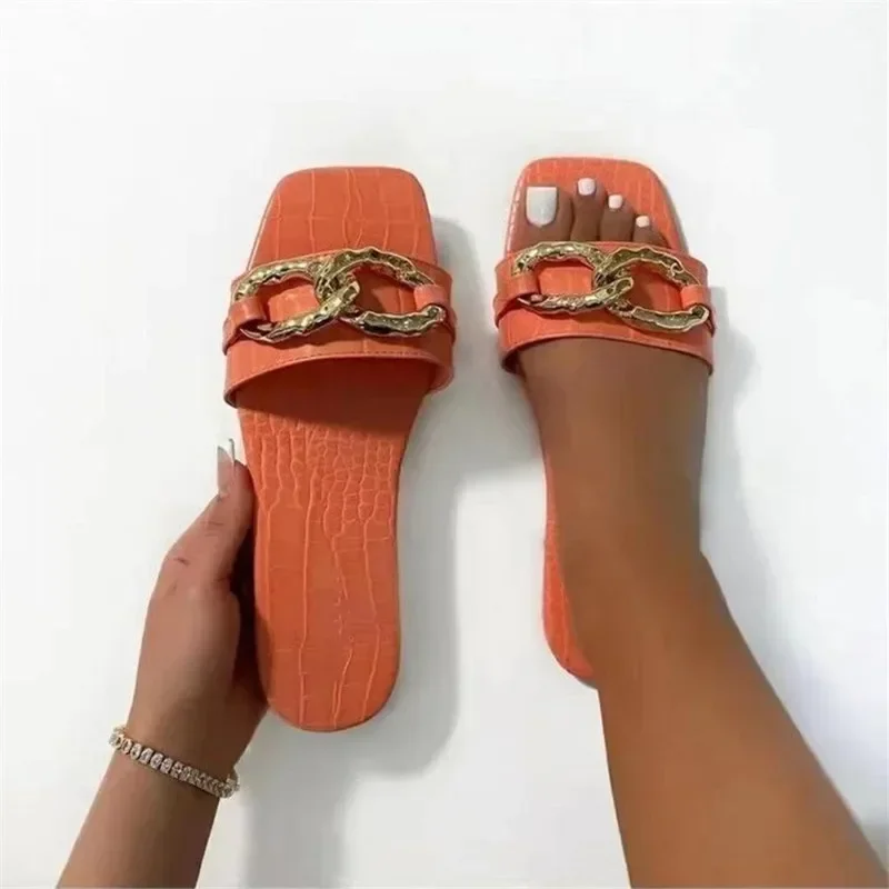 Women Summer Slippers Fashion Metal Chain Flat Sandals Ladies Outdoor Beach Flip Flops Square Toe Slides Woman Large Size 43