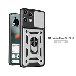 Kickstand Armor Phone Case with Lens Protection and Magnetic Ring Holder for Nothing Phone (3a) Lite (Silver)